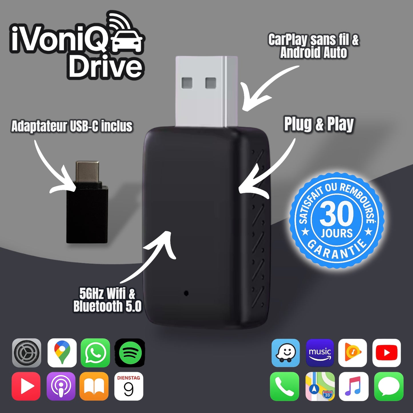 iVoniQ Drive – Adaptateur sans fil CarPlay et Android Auto
